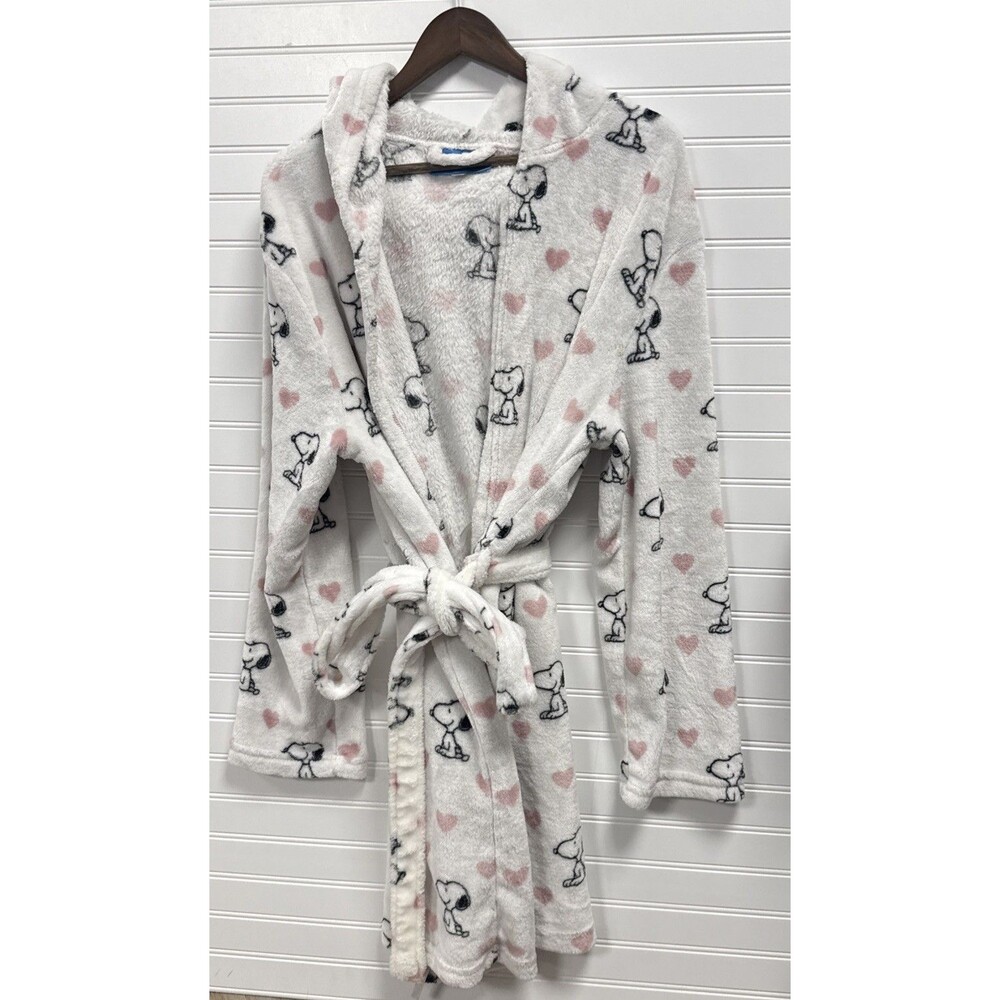 Peanuts Snoopy Womens L XL Fleece Robe White Plush Bathrobe Pajama Lounge